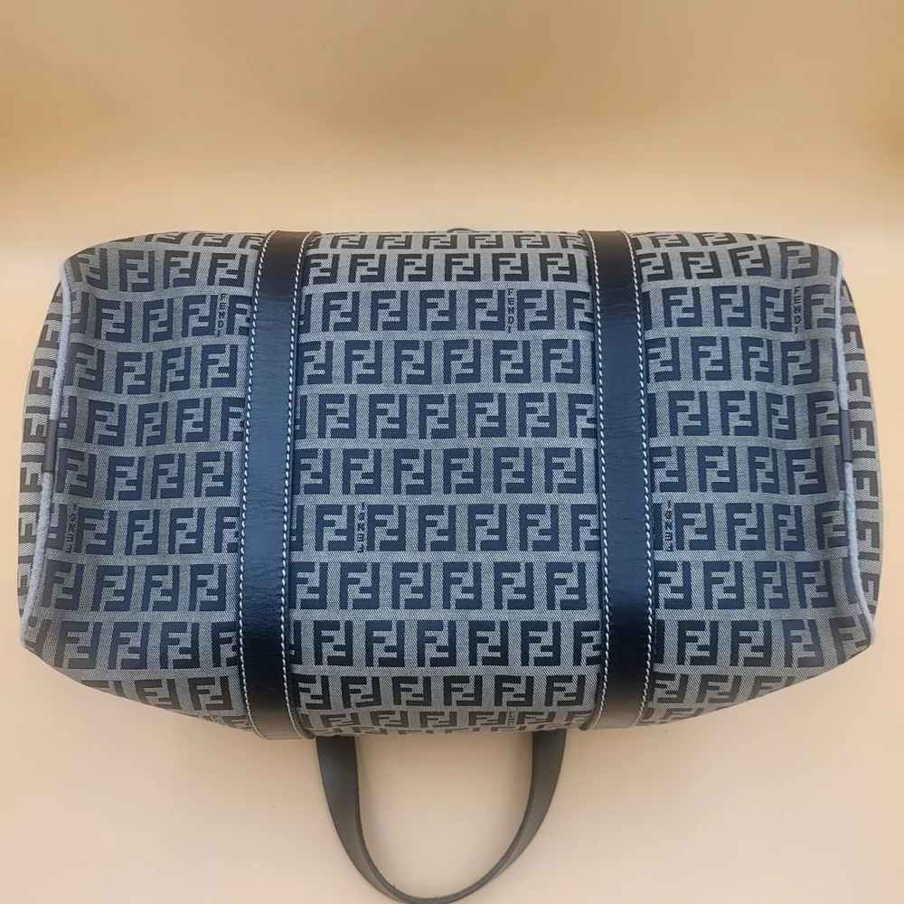FENDI Zucchino FF Canvas Leather Boston 30 HandBag Navy..Authentic...W/COA.